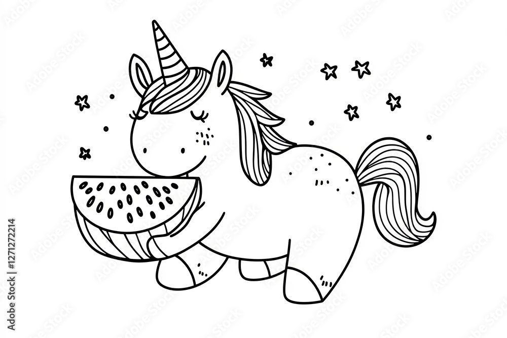 Cute kawaii unicorn is eating watermelon coloring page for kids. Animal ...