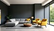 © KarpenArt Studio - A modern living room with dark gray walls and a light gray sectional sofa.