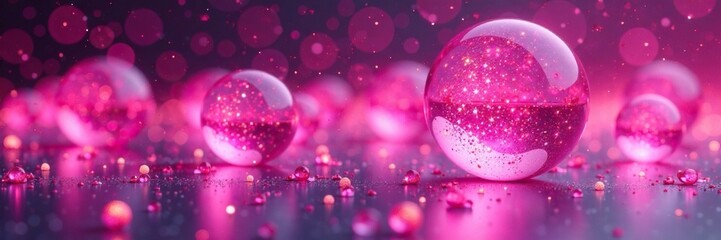 Wall Mural - Pink spheres filled with glittering liquid rise from the ground, luminous, playful, glittering