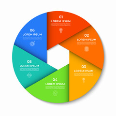 Wall Mural - Vector infographic circle divided into 6 sections, parts. Cycle diagram with 6 options. 6-step round chart. Can be used for presentations, reports, brochures, visualizing data, marketing materials.