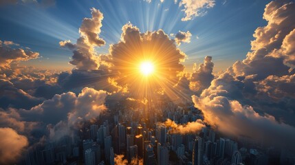 Wall Mural - sunbeams piercing through a cloudy sky, illuminating a cityscape below with a warm, golden light and