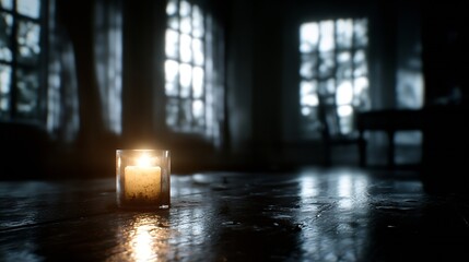 Poster - A glowing candle sits on an aged wooden table casting warm light in a dark and moody room : Generative AI