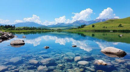 Wall Mural - a serene lake reflecting a clear blue sky and fluffy clouds, creating a sense of peace and tranquili