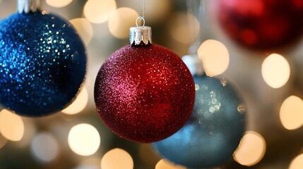 Aufkleber - Beautiful close up of shimmering Christmas ornaments in vibrant colors and festive lights in the background : Generative AI