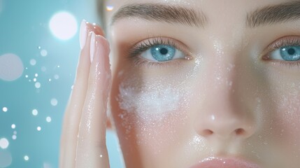 Wall Mural - hands applying moisturizer to a woman face, emphasizing the product ability to create soft, glowing 