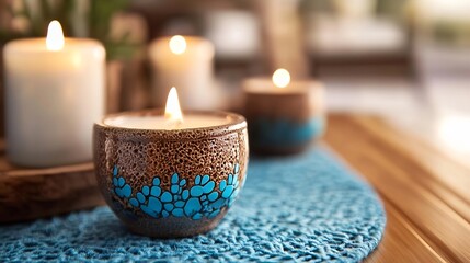 Fototapete - Decorative candles arranged artistically on a textured surface creating a peaceful ambiance : Generative AI