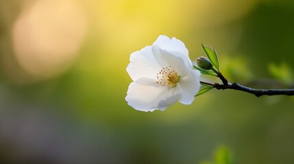Poster - Beautiful white blossom on a delicate branch with soft blurred background in nature : Generative AI