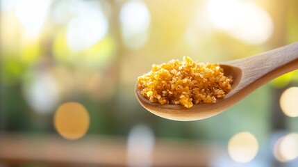 Poster - Golden sugar granules perfectly outlined in a wooden spoon against a soft background : Generative AI