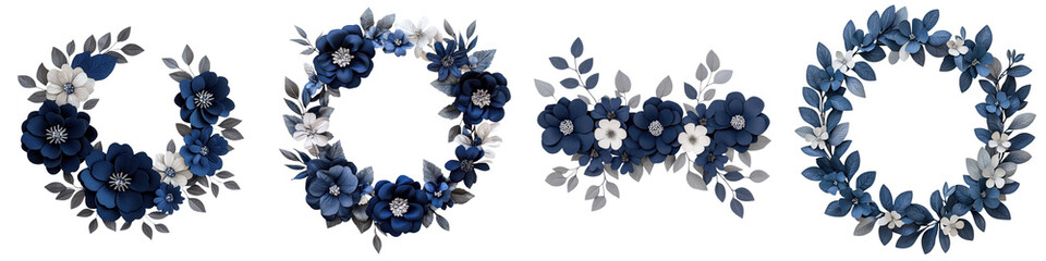 Wall Mural - Elegant Blue Floral Wreaths for Invitations and Greeting Cards  Decorative circle frames made of beautiful blue flowers leaves and botanical elements in a minimalist stylized design