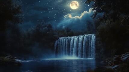 mystical moonlight cascade, a serene nocturnal waterfall spectacle