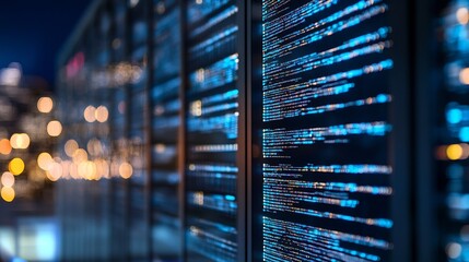 Fototapete - Modern Data Center with Bright Screens and Blurred Lights Illuminating Coding Interface : Generative AI