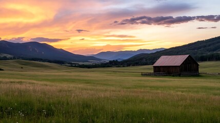 Aufkleber - Rustic Barn in the Open Field Surrounded by Lush Green Grass and Spectacular Sunset Sky : Generative AI