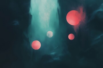 Wall Mural - Pink and white glowing orbs floating in a dark abstract scene with teal and dark tones, creating a mysterious and otherworldly atmosphere