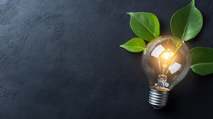 Aufkleber - Ecofriendly light bulb illuminated next to fresh green leaves on a dark textured surface : Generative AI