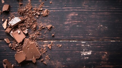 Poster - Broken chocolate pieces scattered on a wooden surface with some pieces slightly melted showing decadent textures : Generative AI