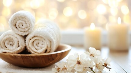 Poster - Rolled White Towels and Smooth Wooden Bowl with Flowers and Candles Creating a Spa Atmosphere : Generative AI