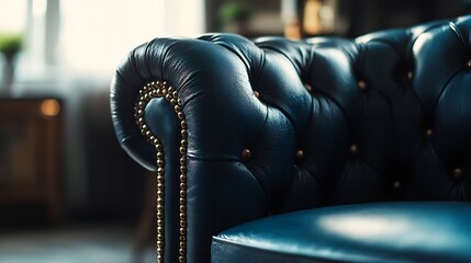 Wall Mural - Elegant close up of a plush navy blue leather chesterfield sofa arm with golden studs in soft lighting : Generative AI