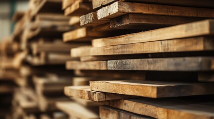 Aufkleber - Close up of neatly stacked wooden planks in a warehouse representing quality materials for construction : Generative AI