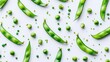 © pinporn manosri - Fresh green beans scattered on a white background with a few still in their pods.