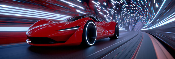 Aufkleber - A stylized side-view of the crimson racer accelerating through a glowing, high-tech tunnel, with