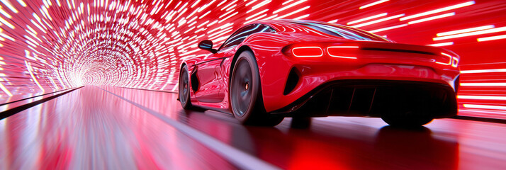Poster - A stylized side-view of the crimson racer accelerating through a glowing, high-tech tunnel, with