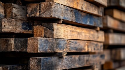Poster - Neatly stacked wooden planks piled together showcasing natural textures and earthy tones in warm sunlight : Generative AI