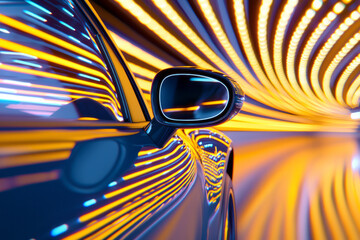 Aufkleber - A close-up on the side mirror and quarter panel, capturing dynamic motion blur that stretches the