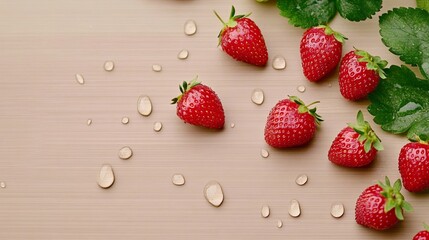 Wall Mural - Elegant Close up of fresh strawberries glistening with dew their vibrant red skin and tiny seeds glowing under natural sunlight on a wooden table 