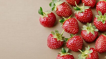 Wall Mural - Elegant Close up of fresh strawberries glistening with dew their vibrant red skin and tiny seeds glowing under natural sunlight on a wooden table 