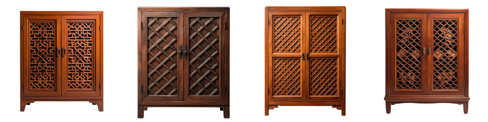 Wall Mural - Beautifully crafted antique wooden Chinese cabinet with intricate carved lattice pattern and traditional Asian design elements showcasing the rich heritage and of traditional Chinese furniture