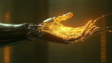 Aufkleber - A casual yet otherworldly moment, the robot softly lifting an arm, showing a swirl of gold