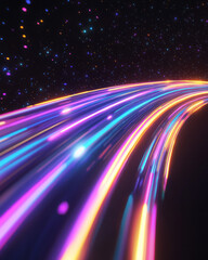 Poster - An abstract composition of pulsating laser-like trails fanning out in a rainbow of neon hues,