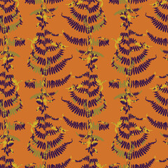 seamless pattern with dried purple fern leaves on orange background. wild forest plant wallpaper. bo
