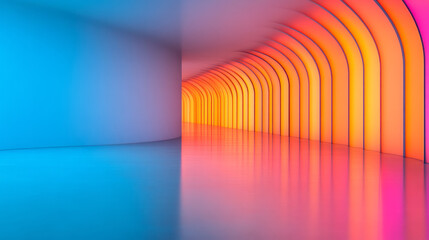 Wall Mural - An interior hallway of reflective panels, glowing lines of orange LED lights blending into the