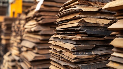 Leinwandbilder - Stacks of layered wood sheets in a workshop highlighting craftsmanship and raw materials : Generative AI