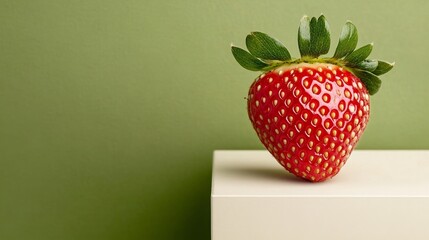 Wall Mural - Elegant Macro shot of a single strawberry showing its glossy red surface delicate seeds and the green crown vibrant and appetizing 