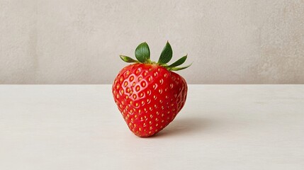 Wall Mural - Elegant Macro shot of a single strawberry showing its glossy red surface delicate seeds and the green crown vibrant and appetizing 