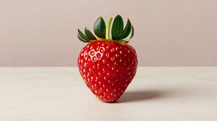Wall Mural - Elegant Macro shot of a single strawberry showing its glossy red surface delicate seeds and the green crown vibrant and appetizing 