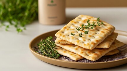 Elegant Maror bitter herbs arranged neatly next to matzah on a decorative ceramic plate close up shot of Passover traditions 