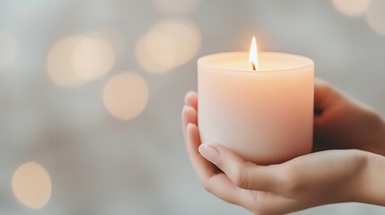 Poster - Hand Holding a Softly Glowing Candle with Warm Light for a Cozy Atmosphere in the Background : Generative AI