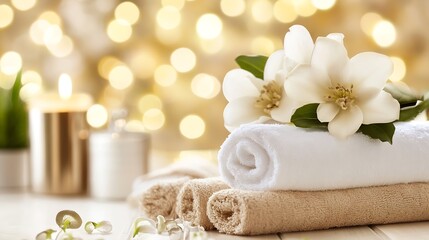 Aufkleber - Soft fluffy towels arranged with fragrant flowers and candles creating a relaxing spa ambiance : Generative AI