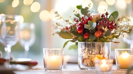 Leinwandbilder - Charming table centerpiece featuring fresh flowers and illuminated candles creating a warm atmosphere : Generative AI