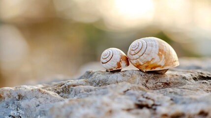 Poster - Two beautiful spiral seashells resting on rugged stone surface with soft bokeh background blurred : Generative AI