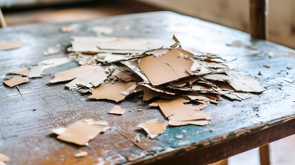 Poster - Abstract composition of scattered paint chips on a wooden table highlighting decay and texture in interior design : Generative AI