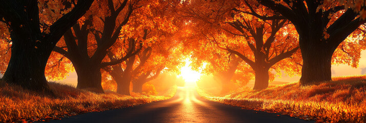 Wall Mural - A long, winding country road bordered by tall, golden-leafed trees, the sunâ€™s rays shining