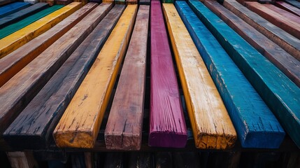 Poster - Vibrant Display of Colorful Wooden Planks Arranged in a Striking Pattern at Workshop : Generative AI