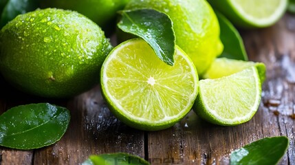 Aufkleber - Fresh lime fruits sliced open on wooden table with vibrant green leaves around them : Generative AI