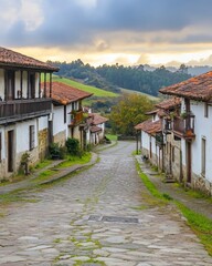 In a historic European village, traditional architecture and scenic countryside views are on full display along a steep cobblestone street at sunset