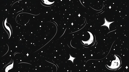 Wall Mural - whimsical night sky illustration with smiling moons and sparkling stars fantasy dreamscape scene