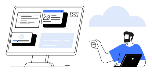 Man pointing at a computer monitor displaying multiple digital content windows. Ideal for technology, software development, cloud computing, remote work, digital collaboration, online training, IT